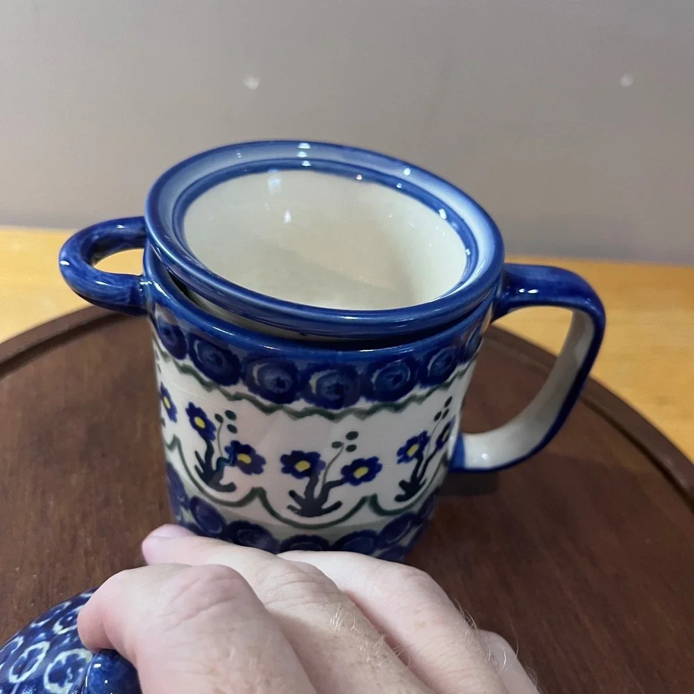 Vtg Polish Pottery Unikat Tea Infuser Mug Strainer Set Boleslawiec Blue Floral